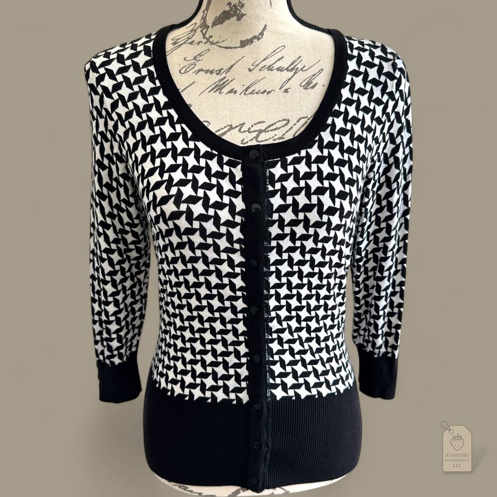 White House Black Market Sweater Small Black White Geometric Button Up